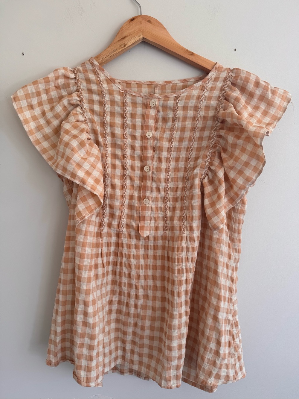 Max Studio Peach and Cream Gingham Top with Tag Detail